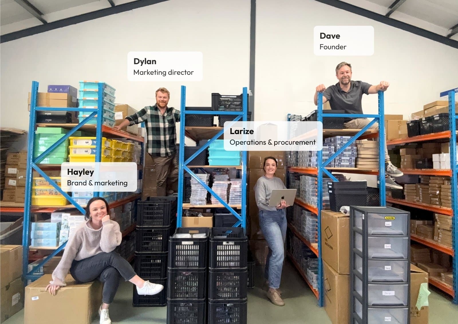 The CREATESPACE team in their Cape Town warehouse: Dave, Dylan, Larize, and Hayley