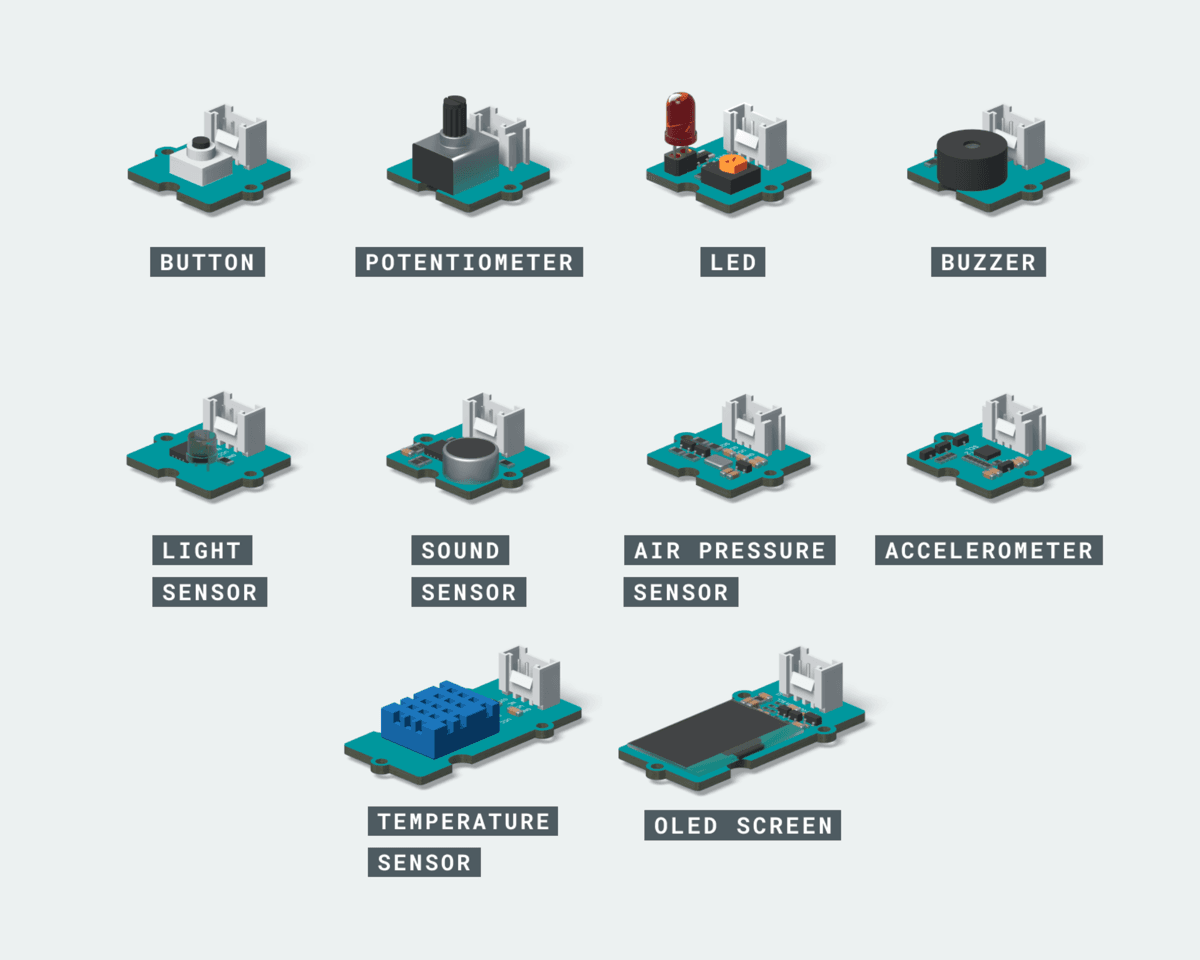The 10 Grove sensor modules included in the Arduino Sensor Kit Base
