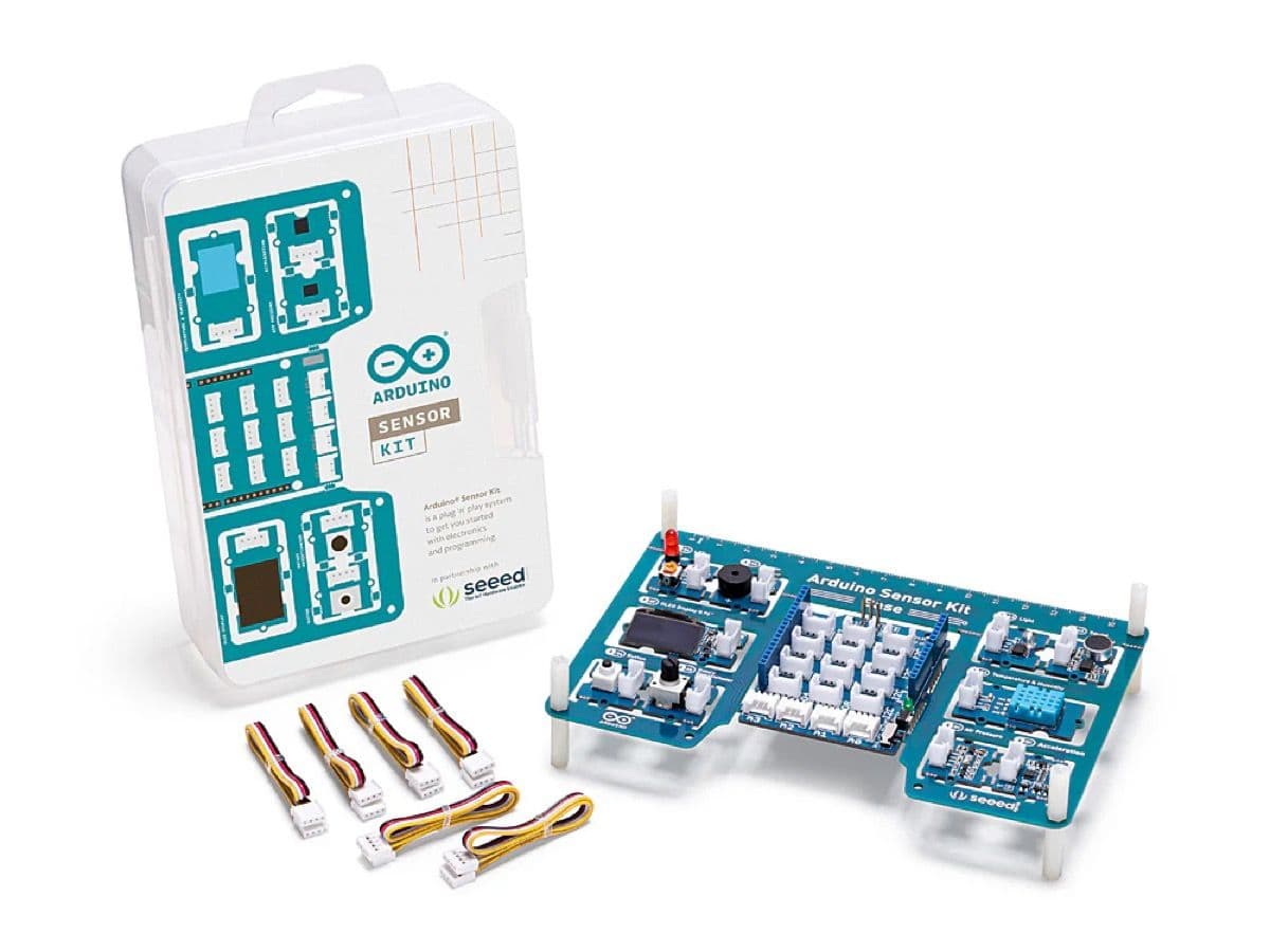 Arduino Sensor Kit Base unboxed showing all 10 Grove modules and cables