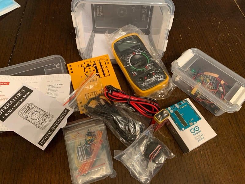Arduino Student Kit box open showing all included components