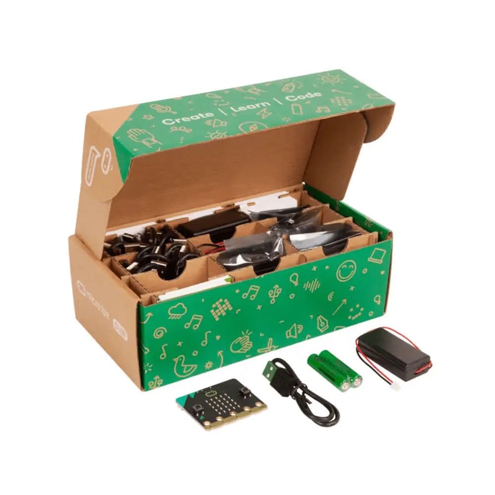 BBC micro:bit Club pack contents including 10 boards, cables, and battery holders laid out