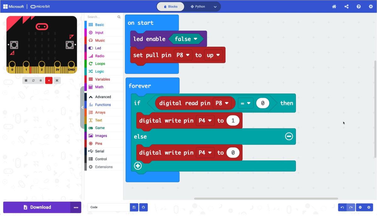 MakeCode block-based coding interface showing a micro:bit program
