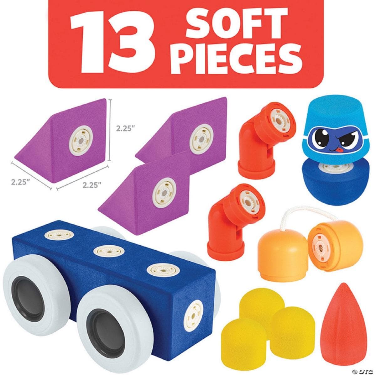 Blockaroo Roadster set contents laid out — 13 magnetic foam blocks and inspiration guide