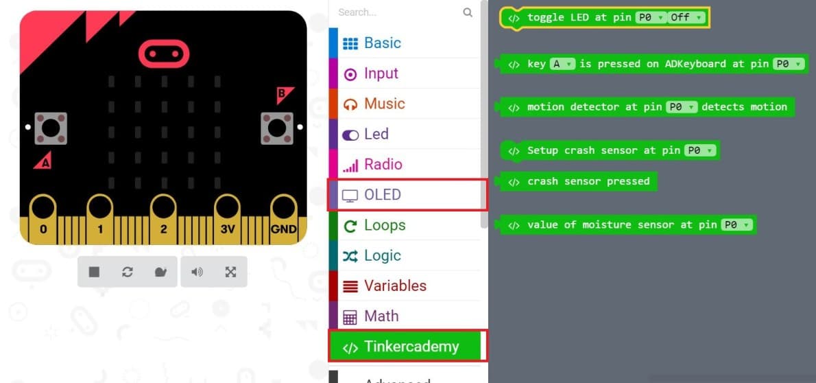 Microsoft MakeCode block coding interface showing a micro:bit Tinker Kit program