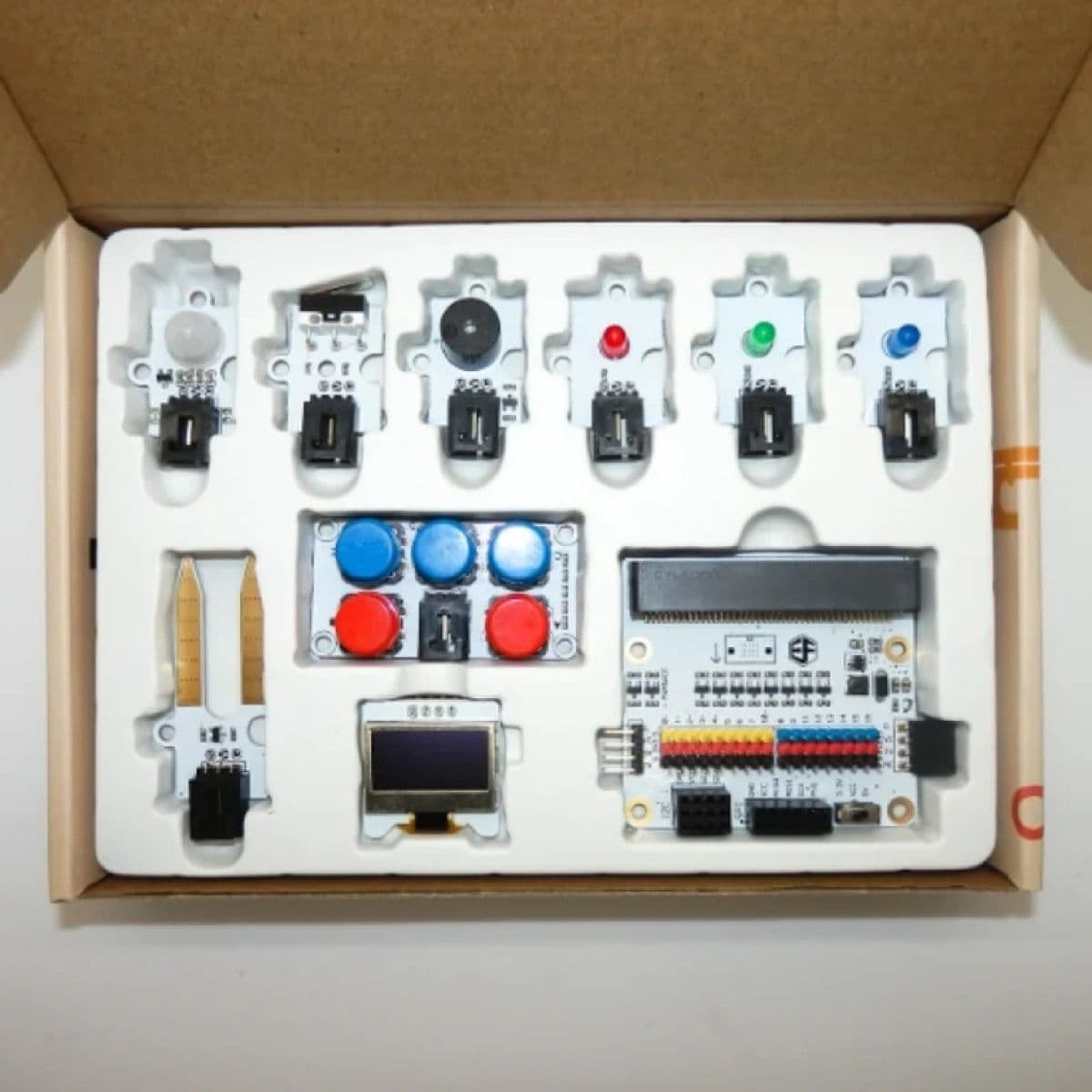 ELECFREAKS Tinker Kit opened showing all the sensors and modules included