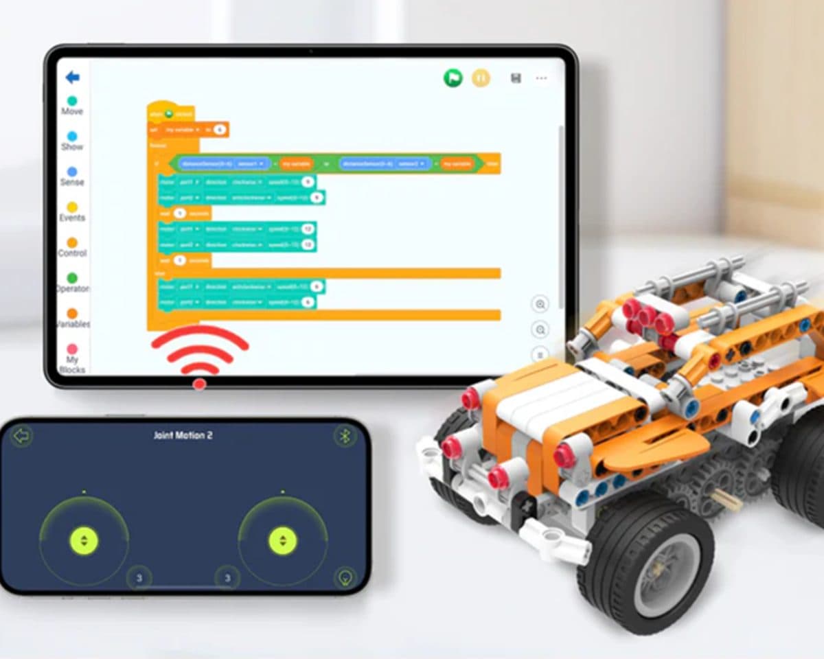 Makerzoid Superbot racing car model alongside a tablet and phone showing the app control interface