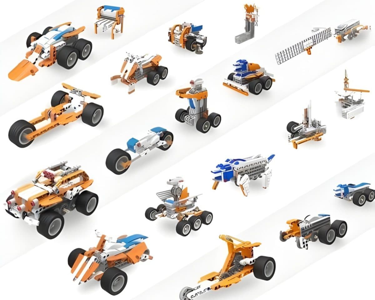Multiple Makerzoid Superbot model builds lined up showing the variety of vehicles and robots