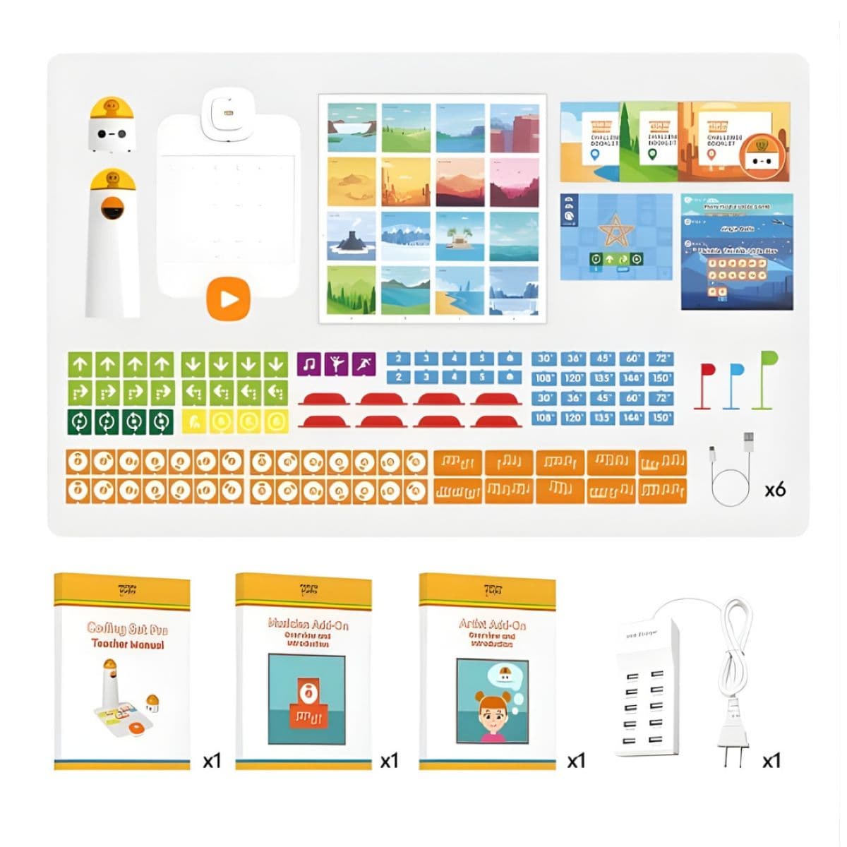 MatataStudio Coding Set Pro Classroom Set contents laid out showing all 6 kits and teacher resources