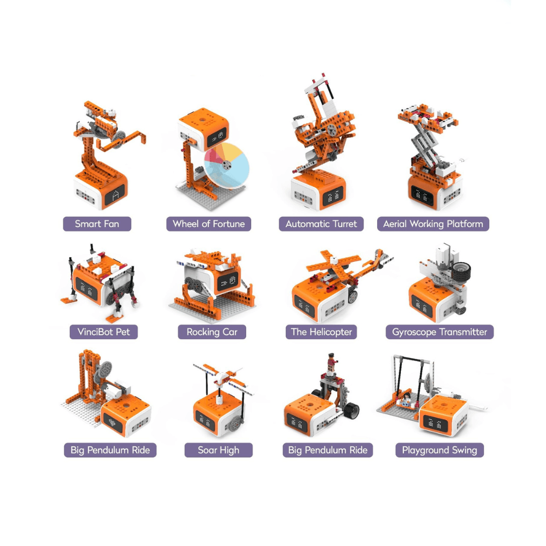 Variety of Creator Kit builds including helicopter, claw, and fairground rides with labels