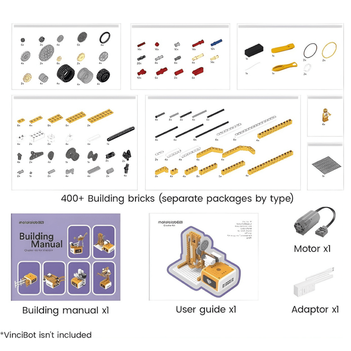 Creator Kit for VinciBot box contents laid out