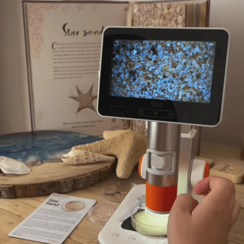 Sand grains magnified and displayed on the microscope screen