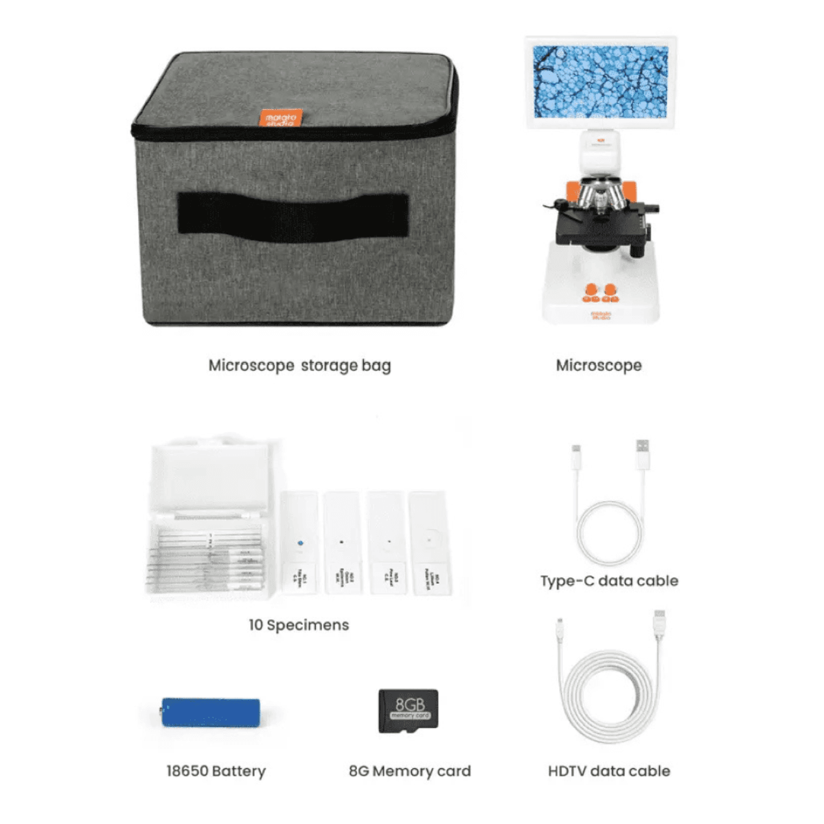 MatataStudio Digital Microscope MT3-2 kit contents laid out