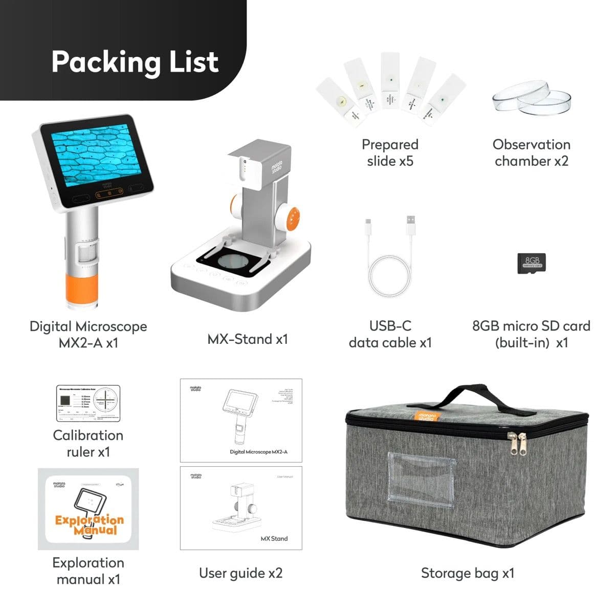 MatataStudio MX2-AS digital microscope kit contents laid out