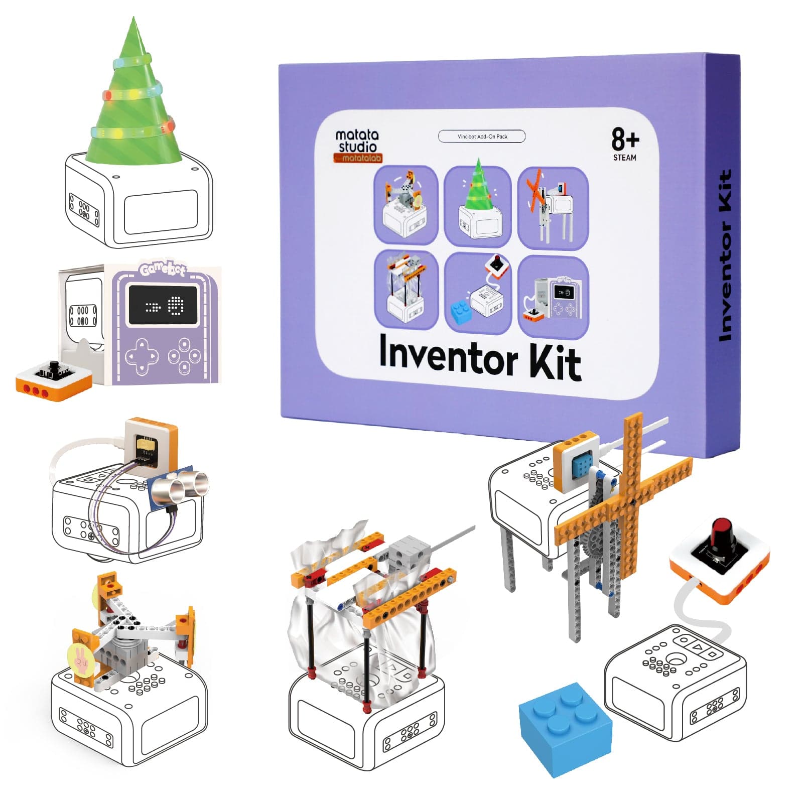MatataStudio Inventor Kit builds showing LED tree, displays, and components in action