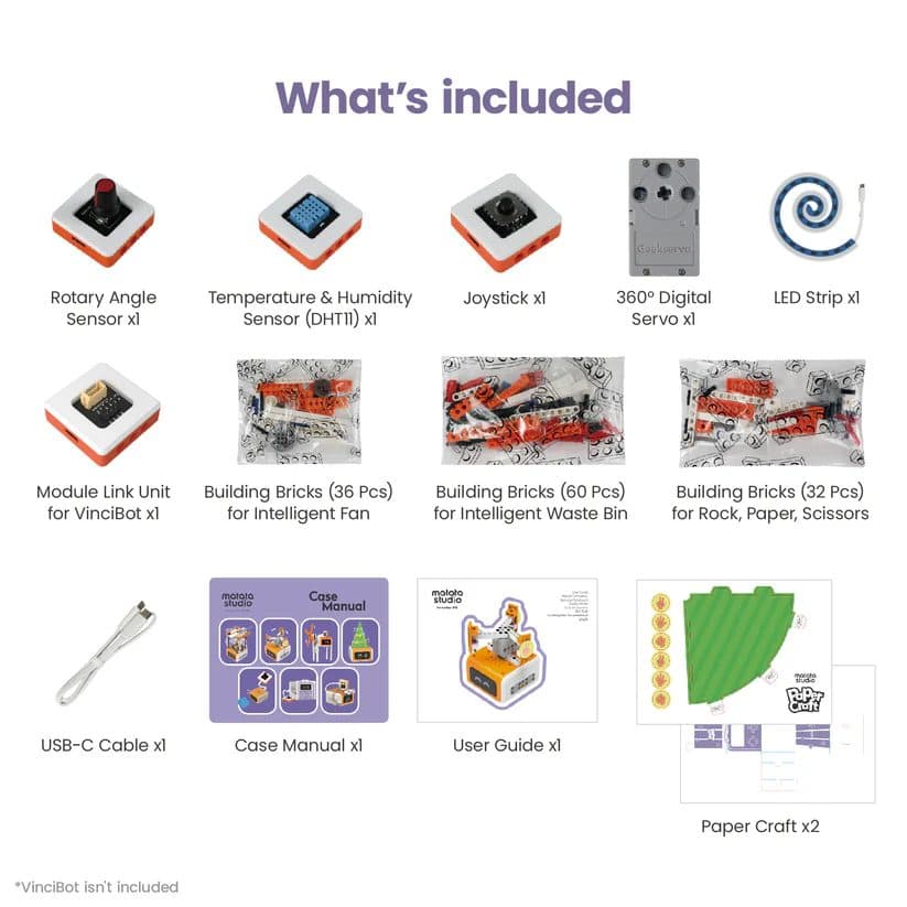 Inventor Kit for VinciBot box contents laid out