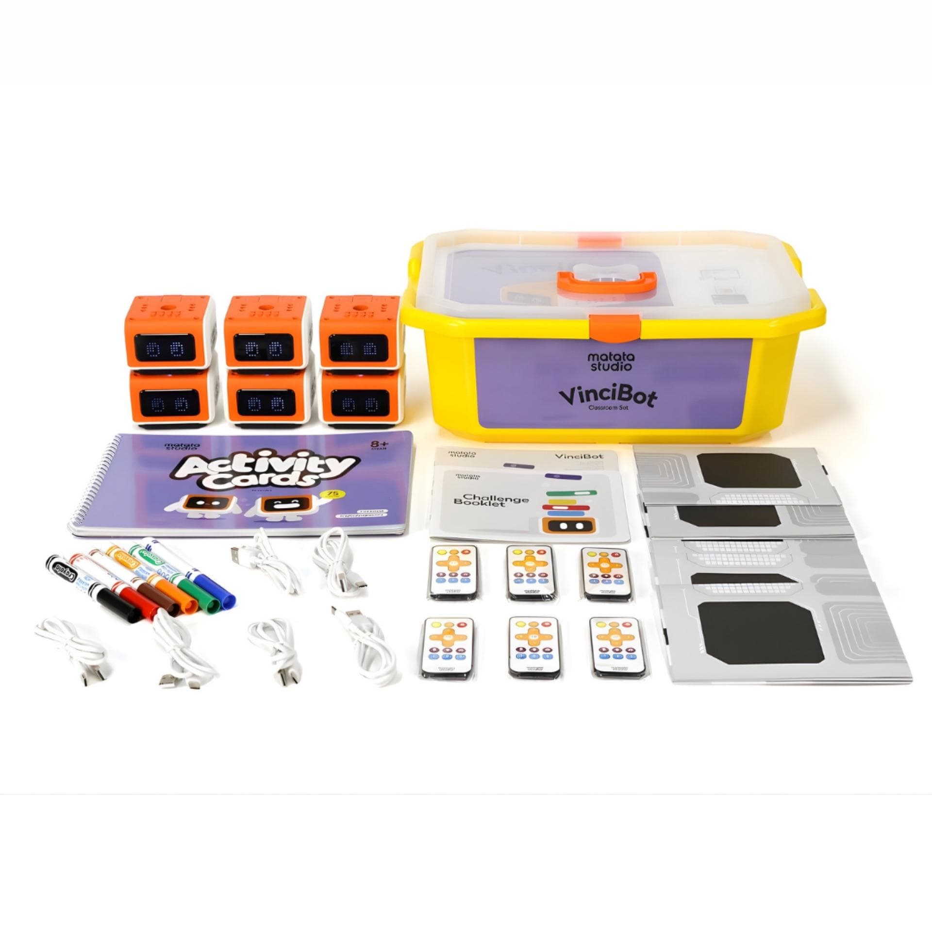 VinciBot Classroom Set contents laid out — 6 robots, activity cards, maps, markers, and storage bin