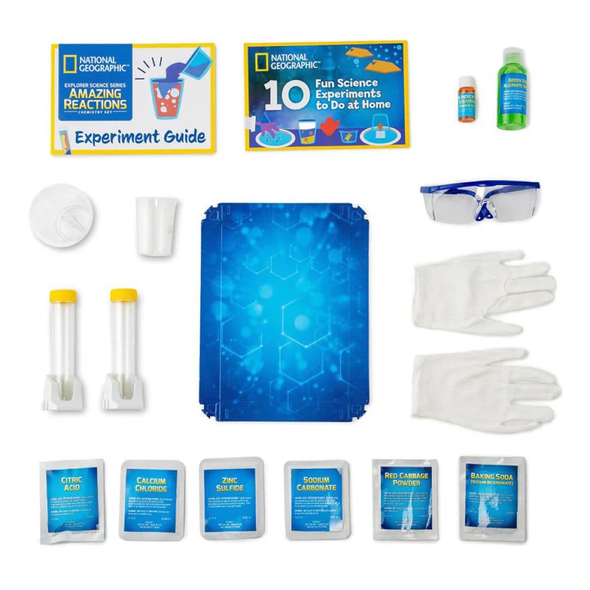 National Geographic Amazing Reactions Chemistry Set contents laid out