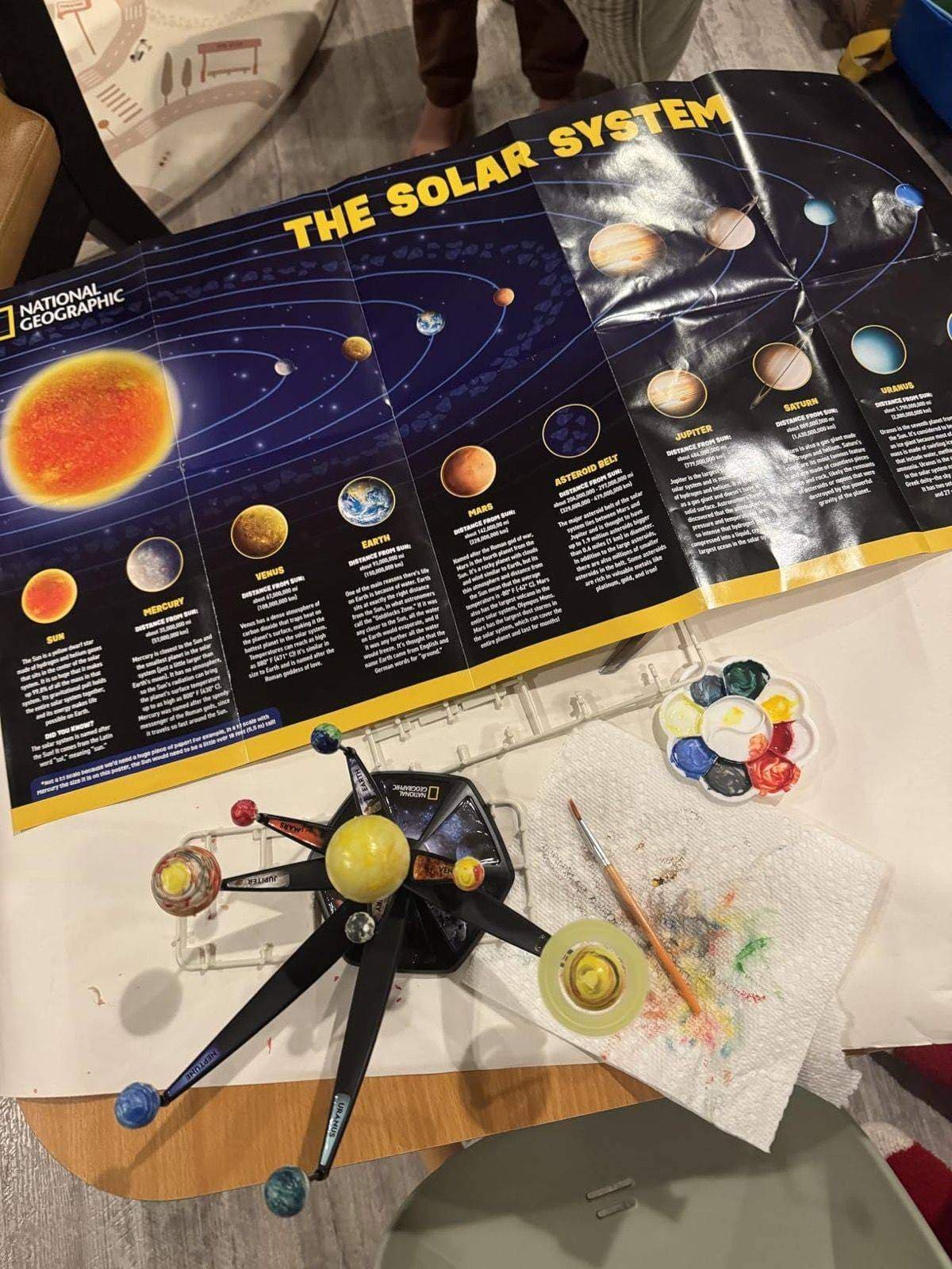 Planets being painted alongside the illustrated instruction guide