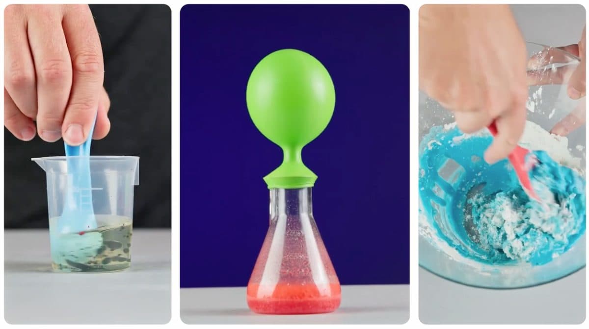 Three chemistry experiments: mixing in a beaker, balloon expanding on a flask, and a foamy reaction