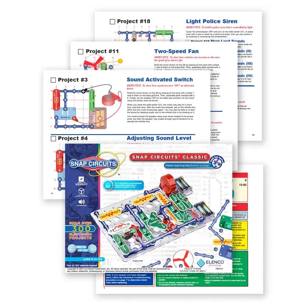Snap Circuits Classic 300 project manuals fanned out alongside the box