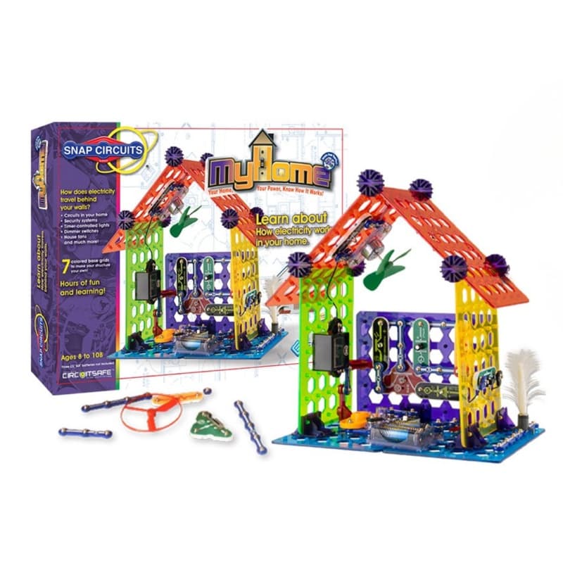 Snap Circuits My Home box contents showing all components and coloured base grids