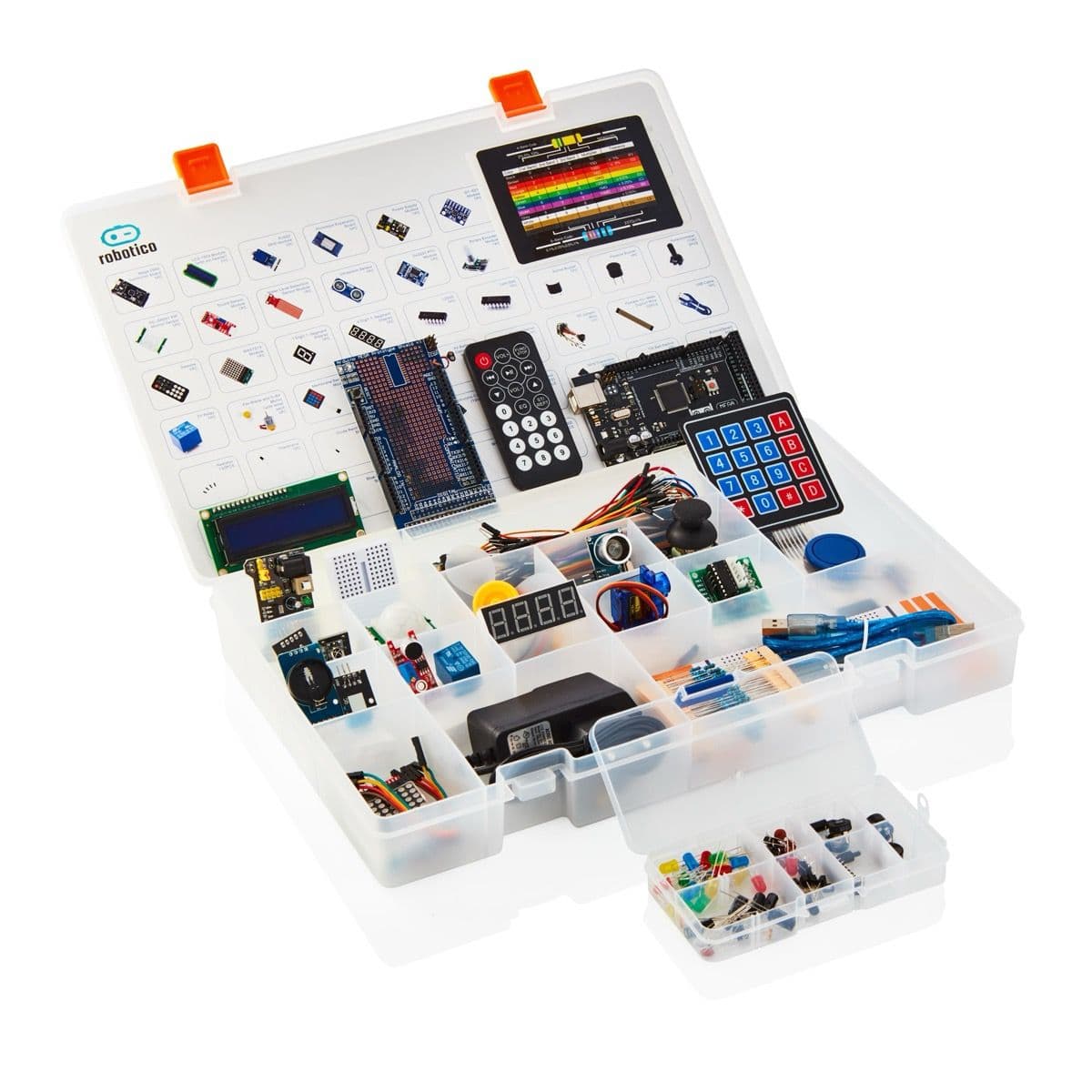 Robotico Ultimate Mega 2560 R3 Starter Kit unboxed showing board, modules, and components